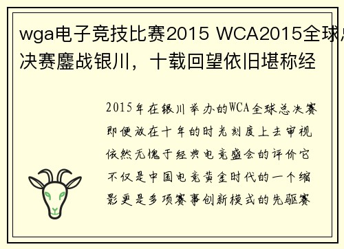 wga电子竞技比赛2015 WCA2015全球总决赛鏖战银川，十载回望依旧堪称经典电竞盛会